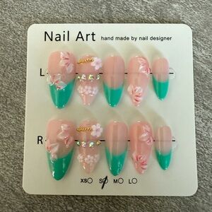 Floral Teal and Pink Press On Nail Handmade